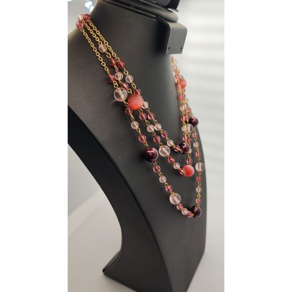 Pink Beaded Layered Necklace with Gold Tone Chain - Picture 5 of 5